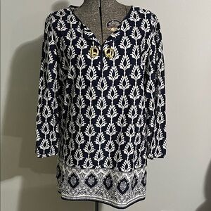 Charter Club Navy and White Leaf Print Tunic